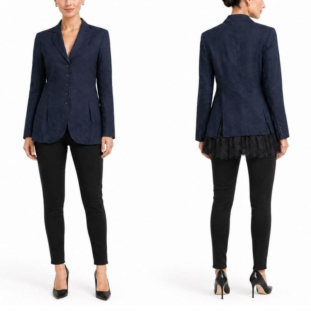 Pas de Calais Barneys New York Blazer Women's 4 Blue Linen Office Minimal Chic